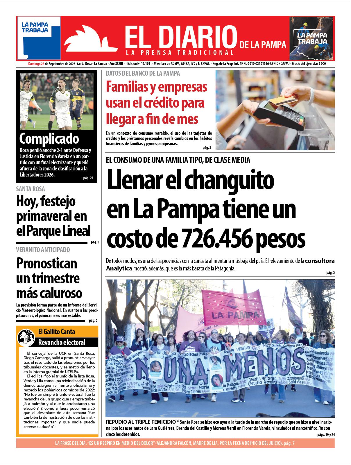 Tapa de El Diario en papel  domingo 28 de septiembre de 2025